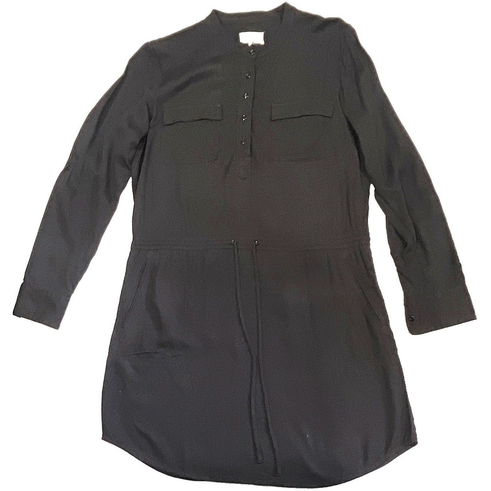 Lou & Grey LOFT Black Rayon Henley Drawstring Waist Shirt Dress Small